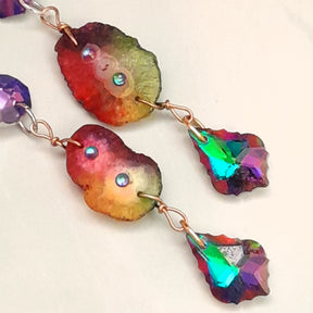 Long rainbow dangle earrings multicolor handmade magical fantasy Victorian vintage style Swarovski crystal earrings