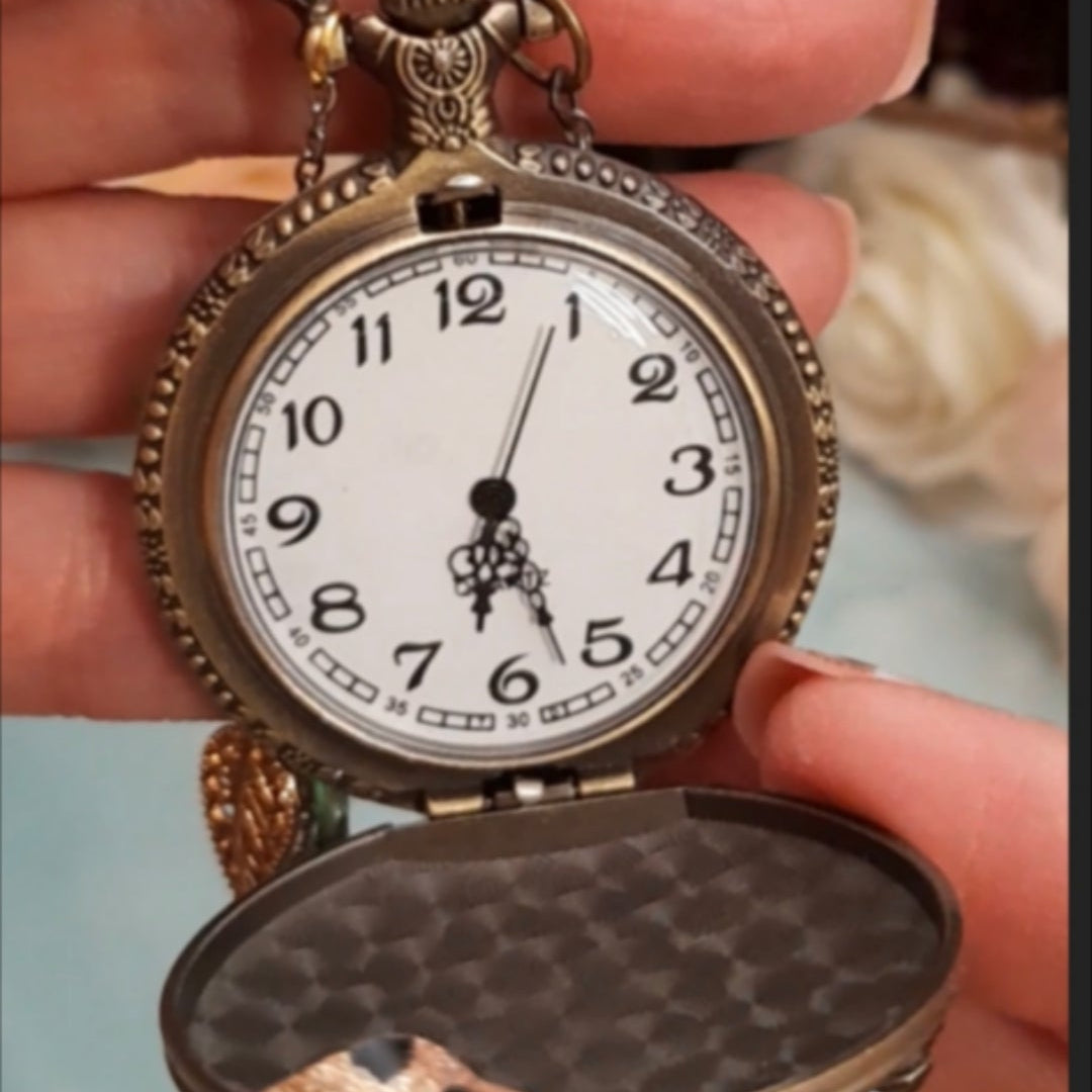 Handmade magical fantasy wolf pocket watch necklace open showing clock face, antiqued brass, Victorian style vintage style