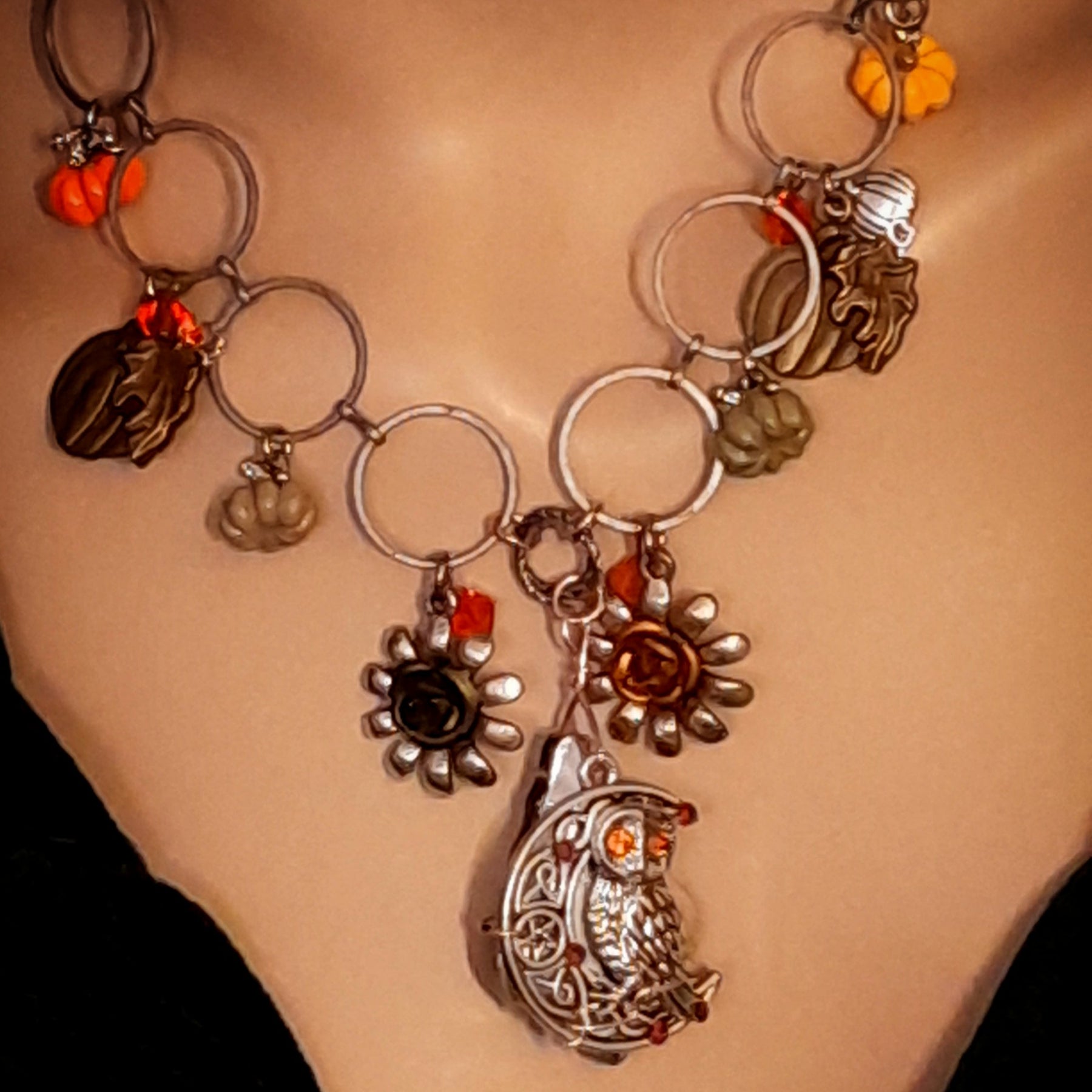 Halloween nature necklace with small olive green metallic roses, pumpkins, and sparkling Swarovski crystals, Victorian style vintage style handmade fantasy jewelry