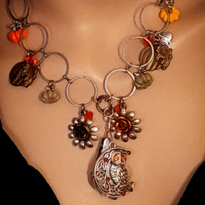 Halloween nature necklace with small olive green metallic roses, pumpkins, and sparkling Swarovski crystals, Victorian style vintage style handmade fantasy jewelry