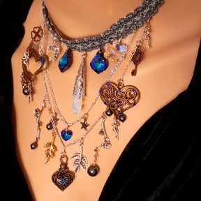 One-of-a-kind magical fantasy something blue bridal choker – handmade designer boho chic wedding jewelry with world-renowned genuine Swarovski blue crystals, hearts, fairy and flower charms, vintage style