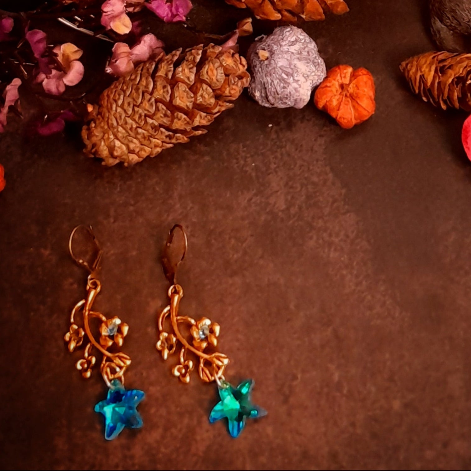 One-of-a-kind floral fantasy earrings with turquoise Swarovski crystal stars, Victorian style and vintage style handmade jewelry by Rachel Flam Design