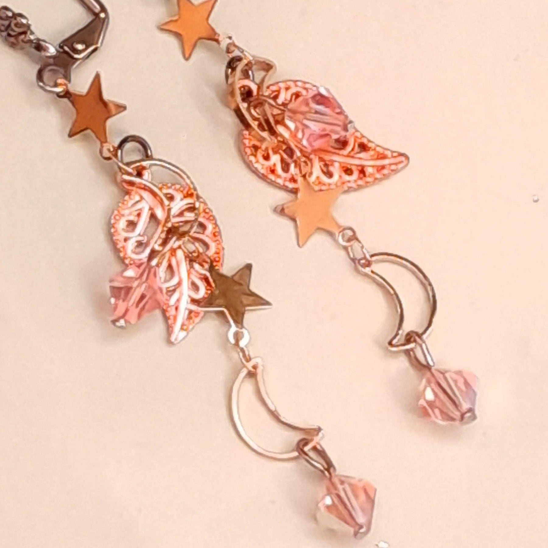 One of a kind handmade designer rose gold leaf and Swarovski crystal bridal earrings — Victorian style celestial star moon wedding jewelry, vintage style AB crystal
