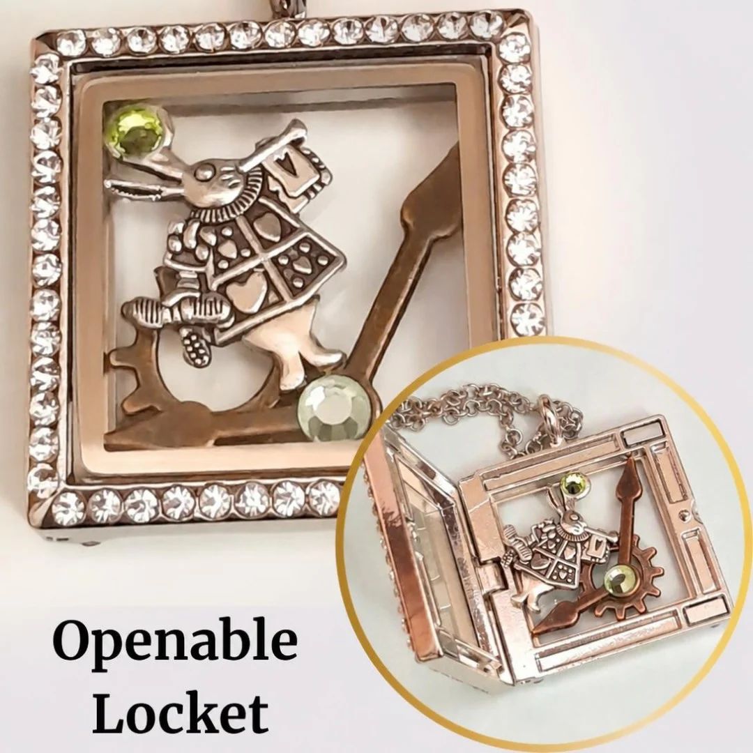 Necklace Locket Pendant Square Openable Alice in Wonderland