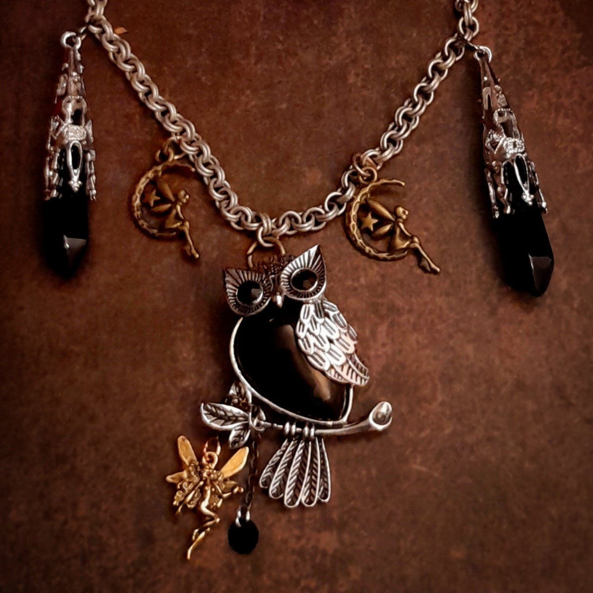 Handmade owl fairy moon necklace with black Swarovski crystals, Victorian style and vintage style fantasy jewelry by Rachel Flam Design