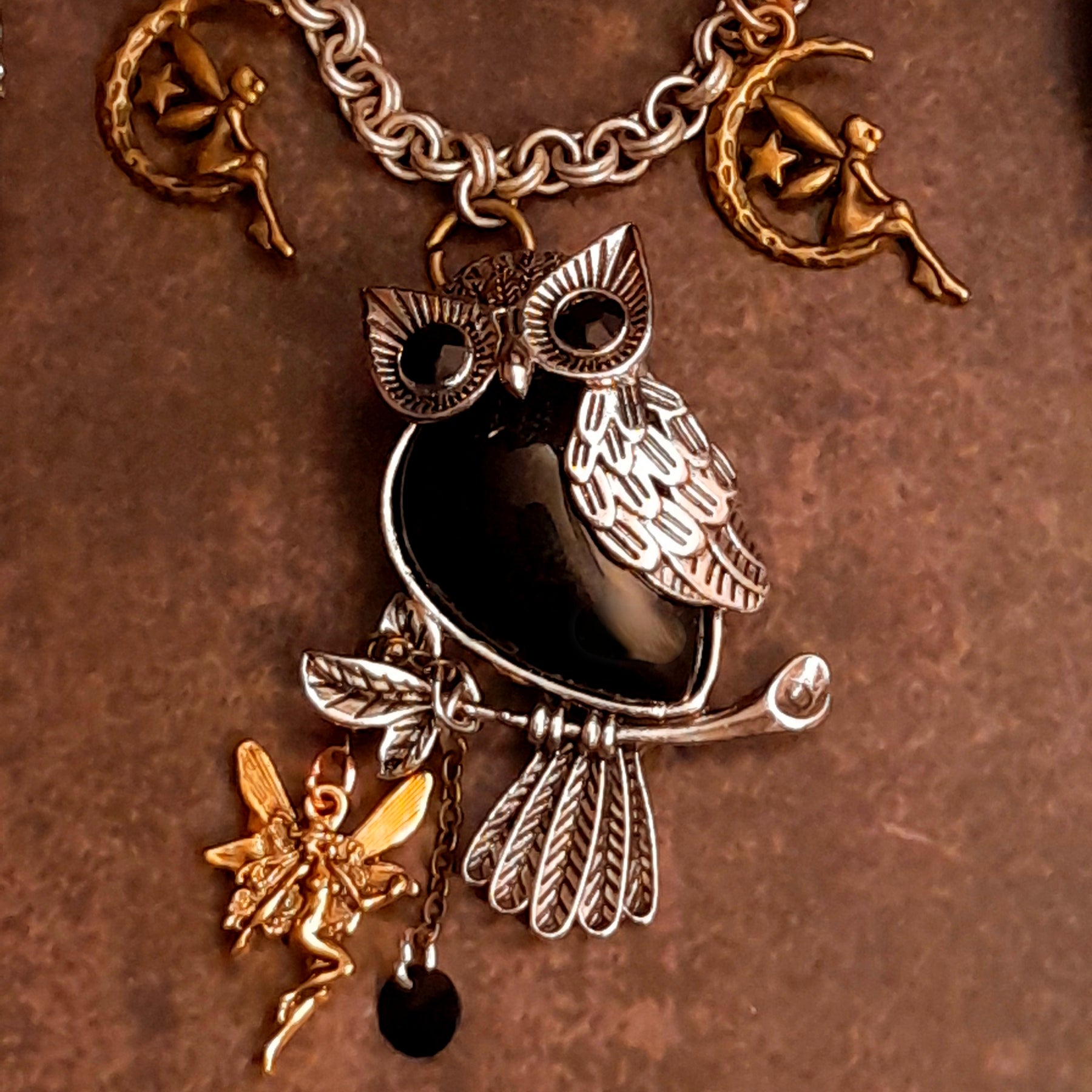 Detailed owl and fairy necklace centerpiece with black Swarovski crystals, Victorian style and vintage style magical jewelry by Rachel Flam Design