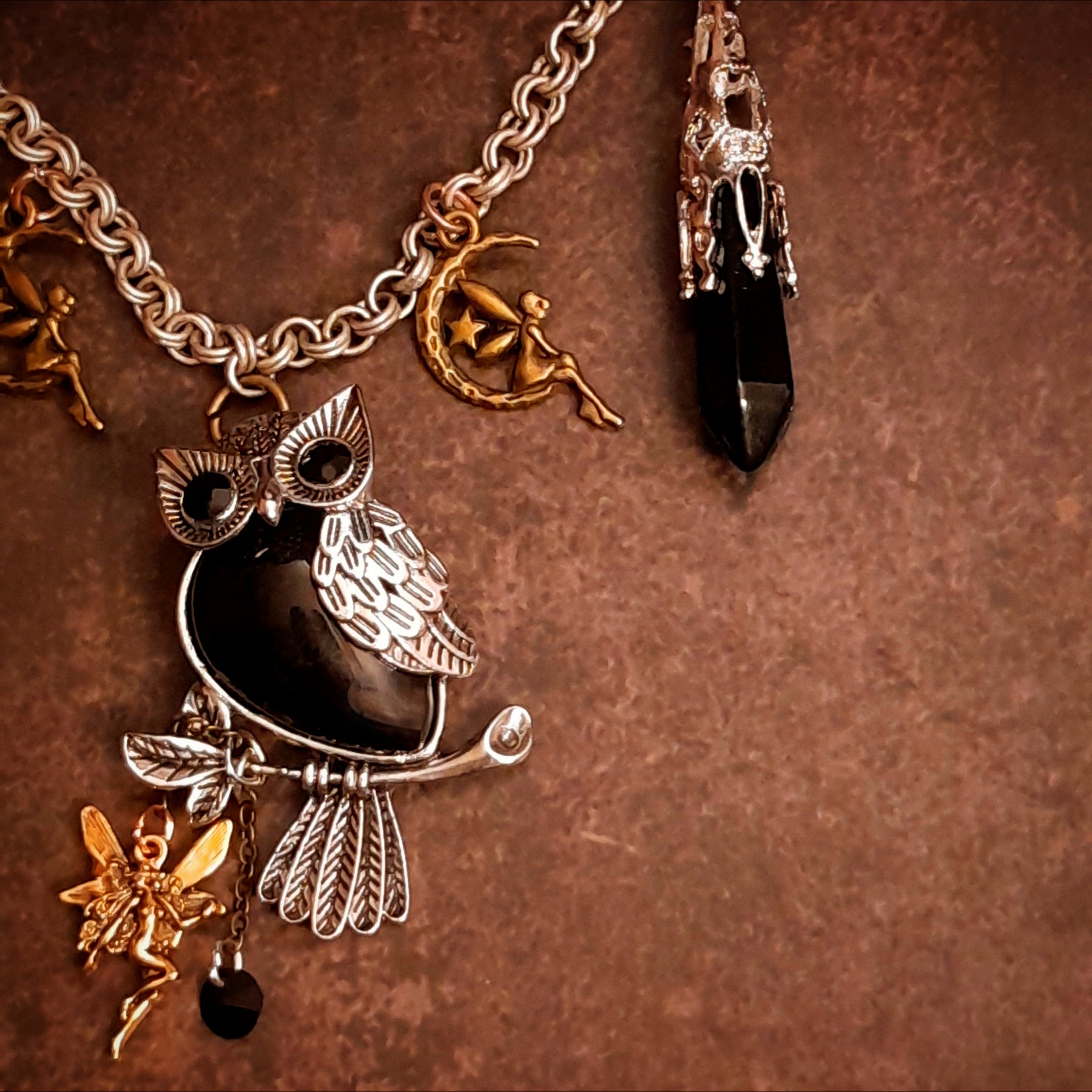 Owl necklace with crescent moon fairies and black crystal drop, Victorian style and vintage style fantasy jewelry by Rachel Flam Design