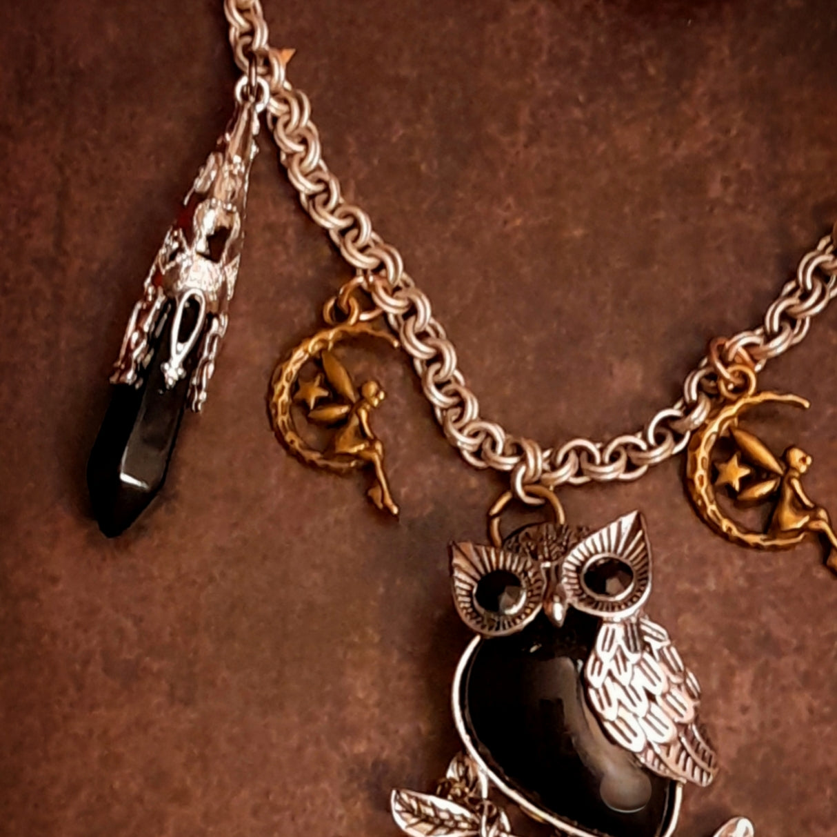 Detailed owl necklace with moon fairies and faceted black Swarovski crystal, Victorian style and vintage style fantasy jewelry by Rachel Flam Design