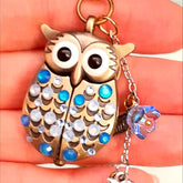 Cute owl pocket watch necklace front view Swarovski light blue milky blue crystals animal jewelry Victorian style vintage style handmade Rachel Flam Design