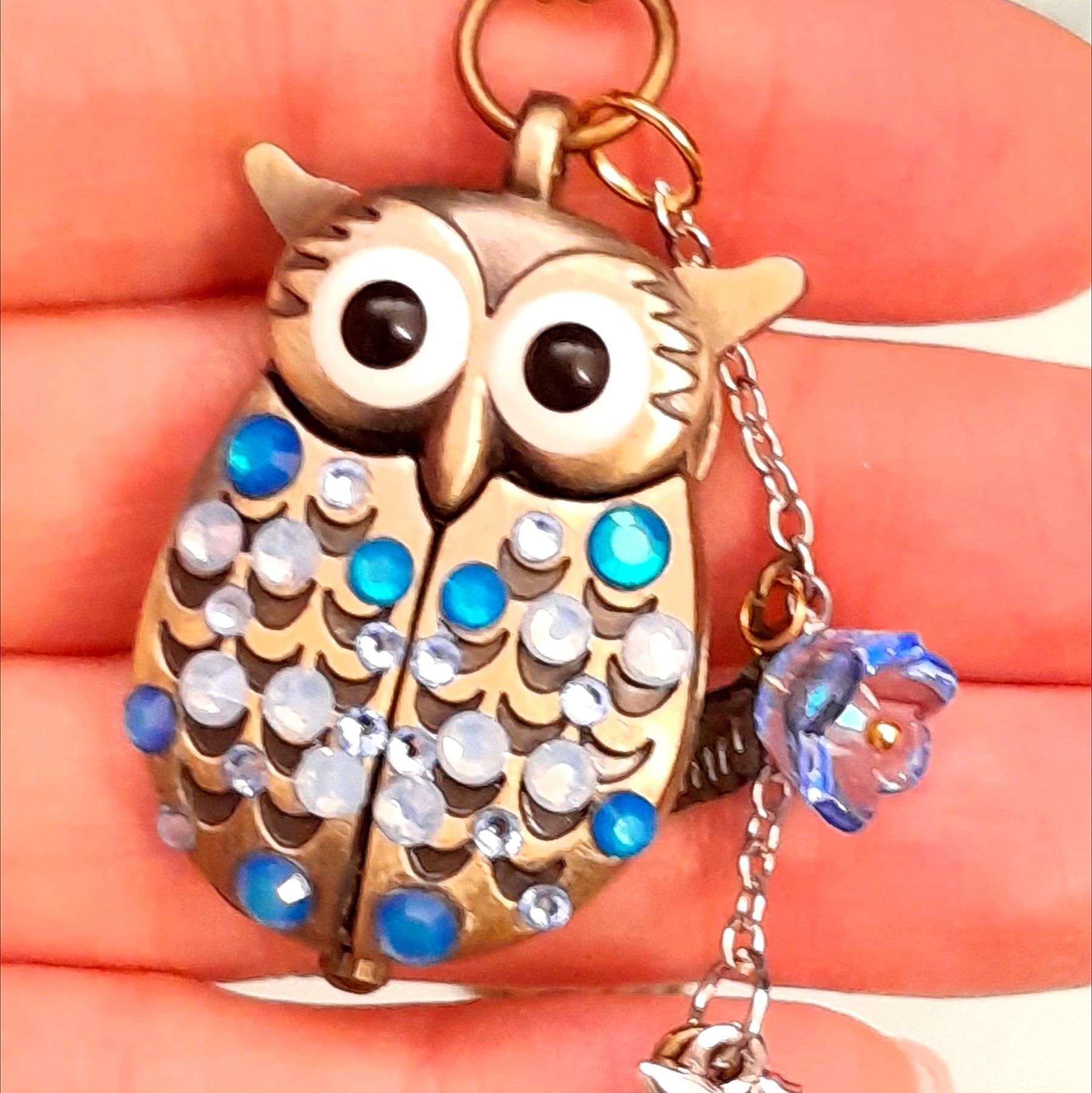 Cute owl pocket watch necklace front view Swarovski light blue milky blue crystals animal jewelry Victorian style vintage style handmade Rachel Flam Design