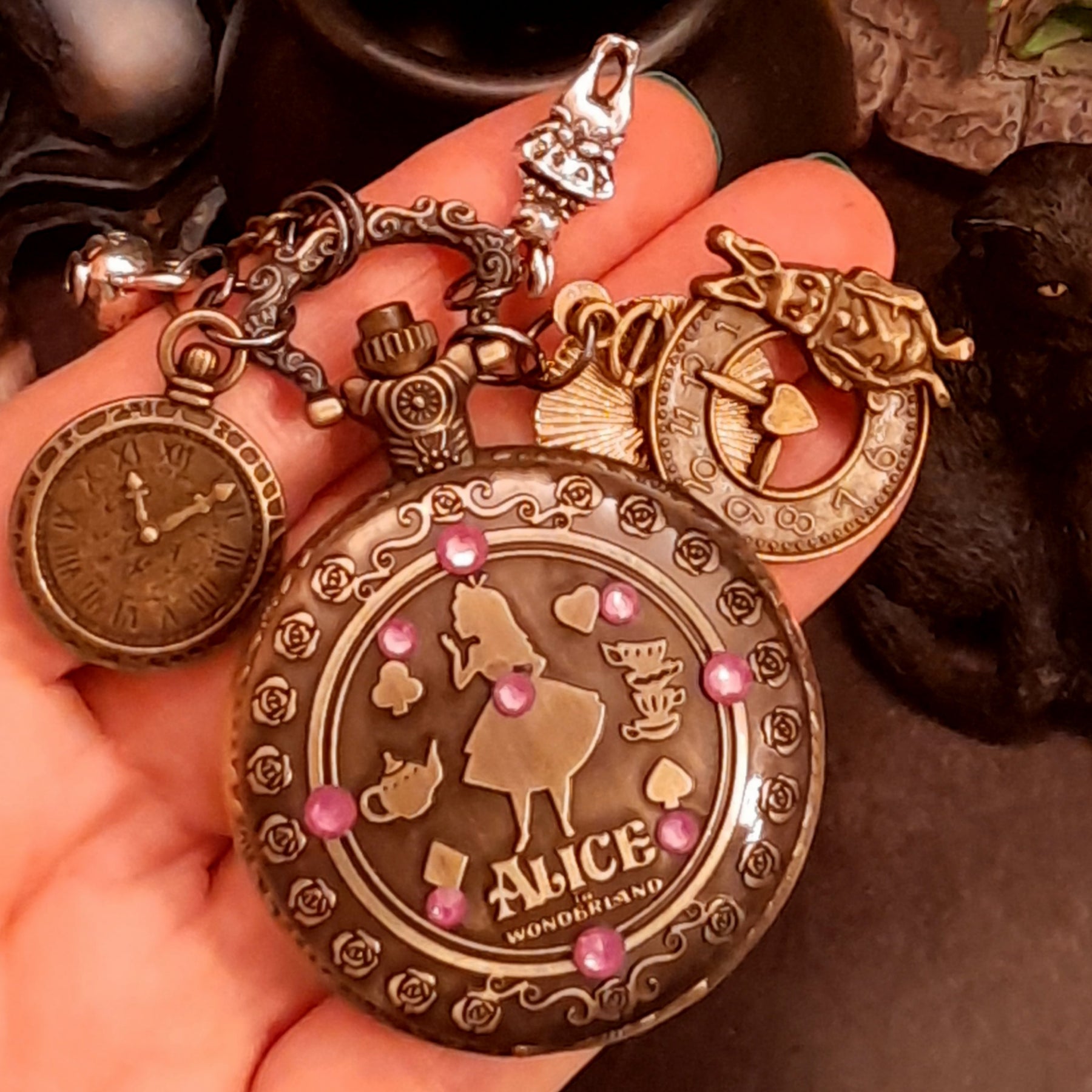 Magical fantasy handmade Alice in Wonderland pocket watch necklace with world-renowned genuine Swarovski purple crystals clocks white rabbit

