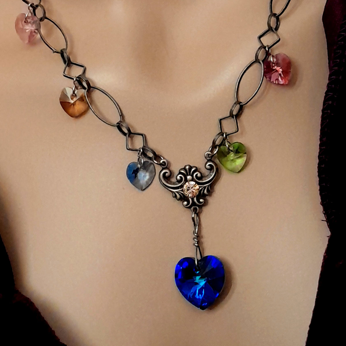 Crystal Hearts Necklace |Multicolor Jewelry