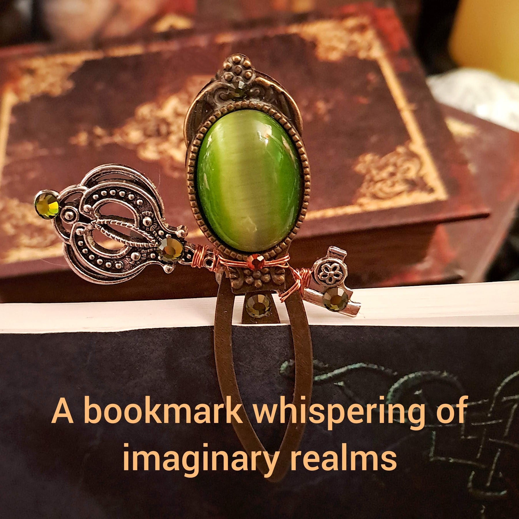 Unique Bookmark Green Crystals & Cat's Eye