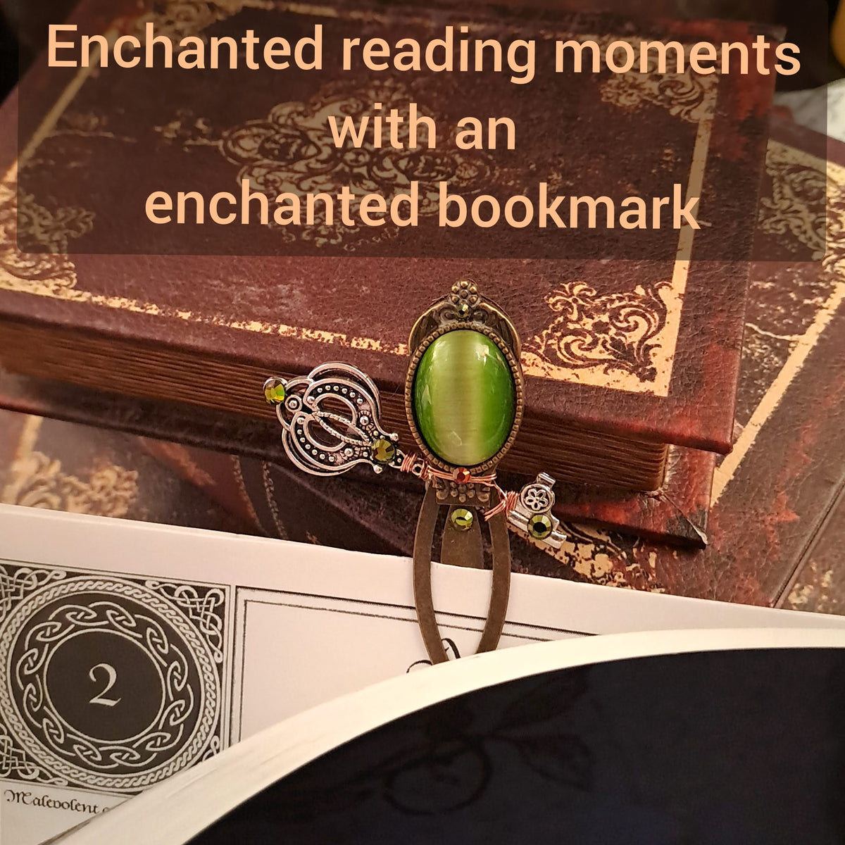 swarovski green crystals bookmark cats eye stone unique fantasy