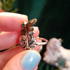 Dragonfly Rose Emerald Green Crystal Ring - Size 10