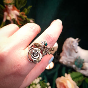 Dragonfly Rose Emerald Green Crystal Ring - Size 10