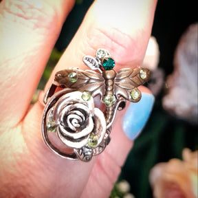 Dragonfly Rose Emerald Green Crystal Ring - Size 10