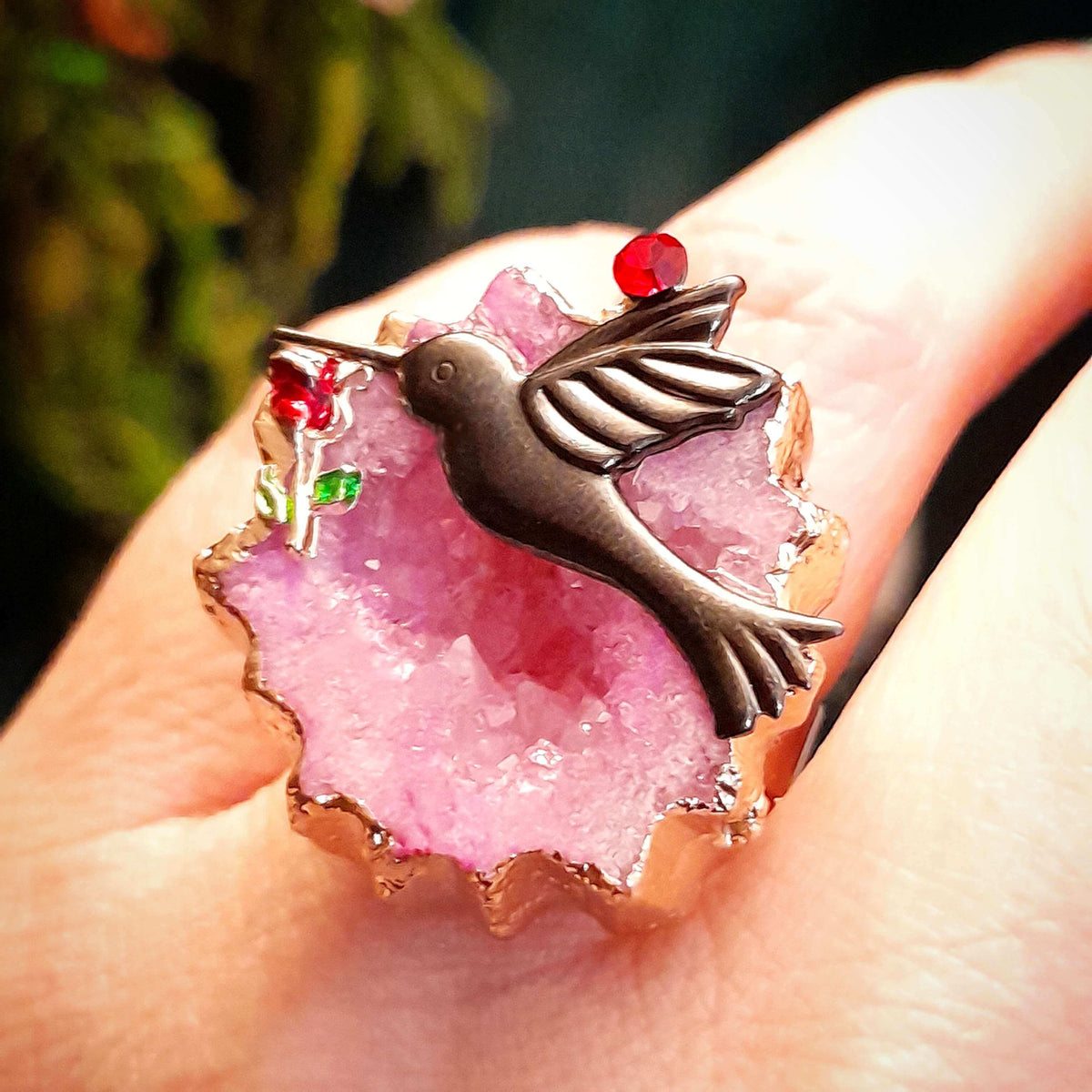 Pink Geode Hummingbird Adjustable Ring