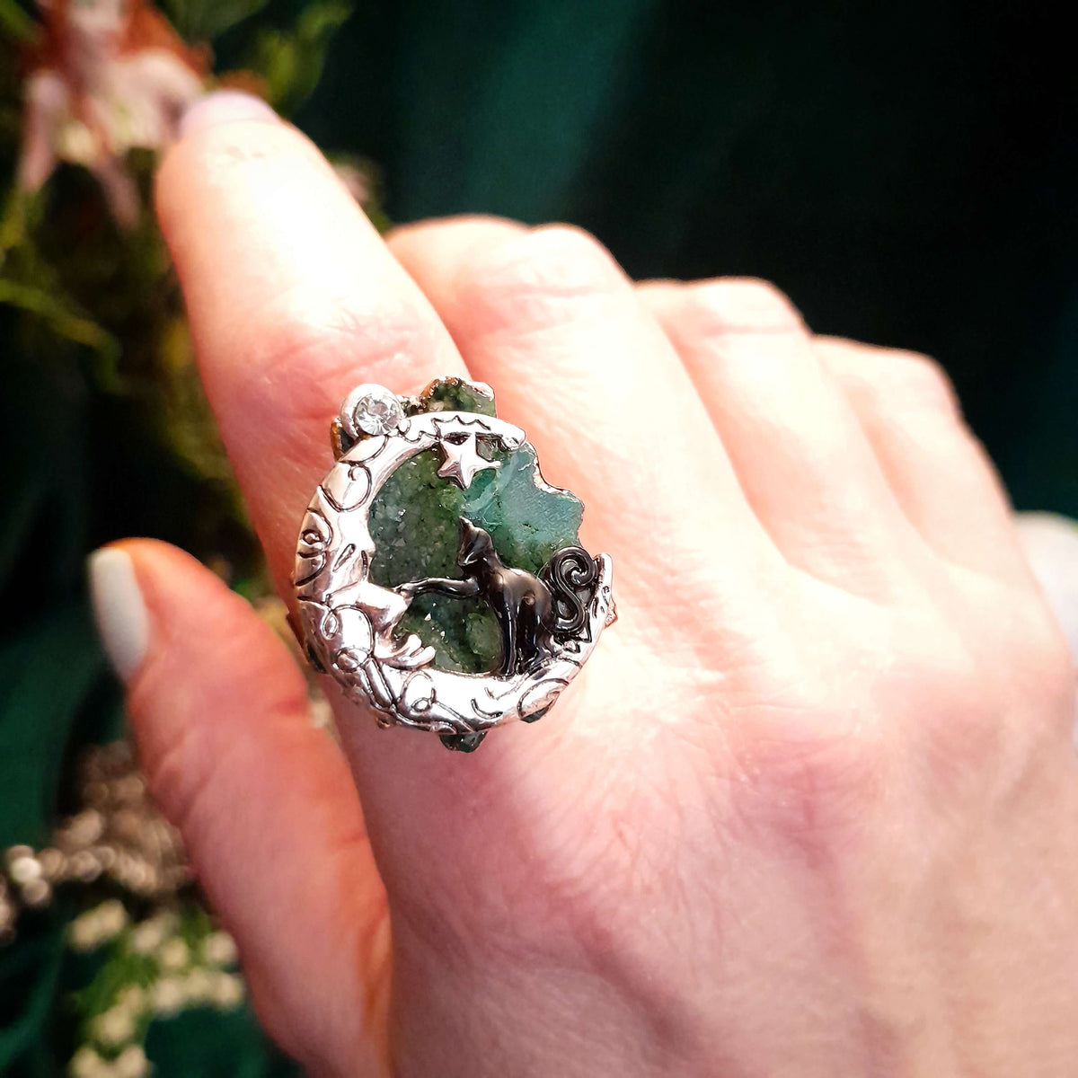 Green Geode Cat Moon Adjustable Ring