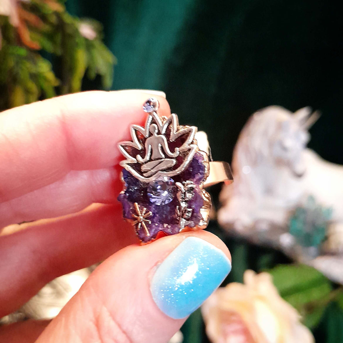 Adjustable Ring Purple Geode Lotus Flower Yoga