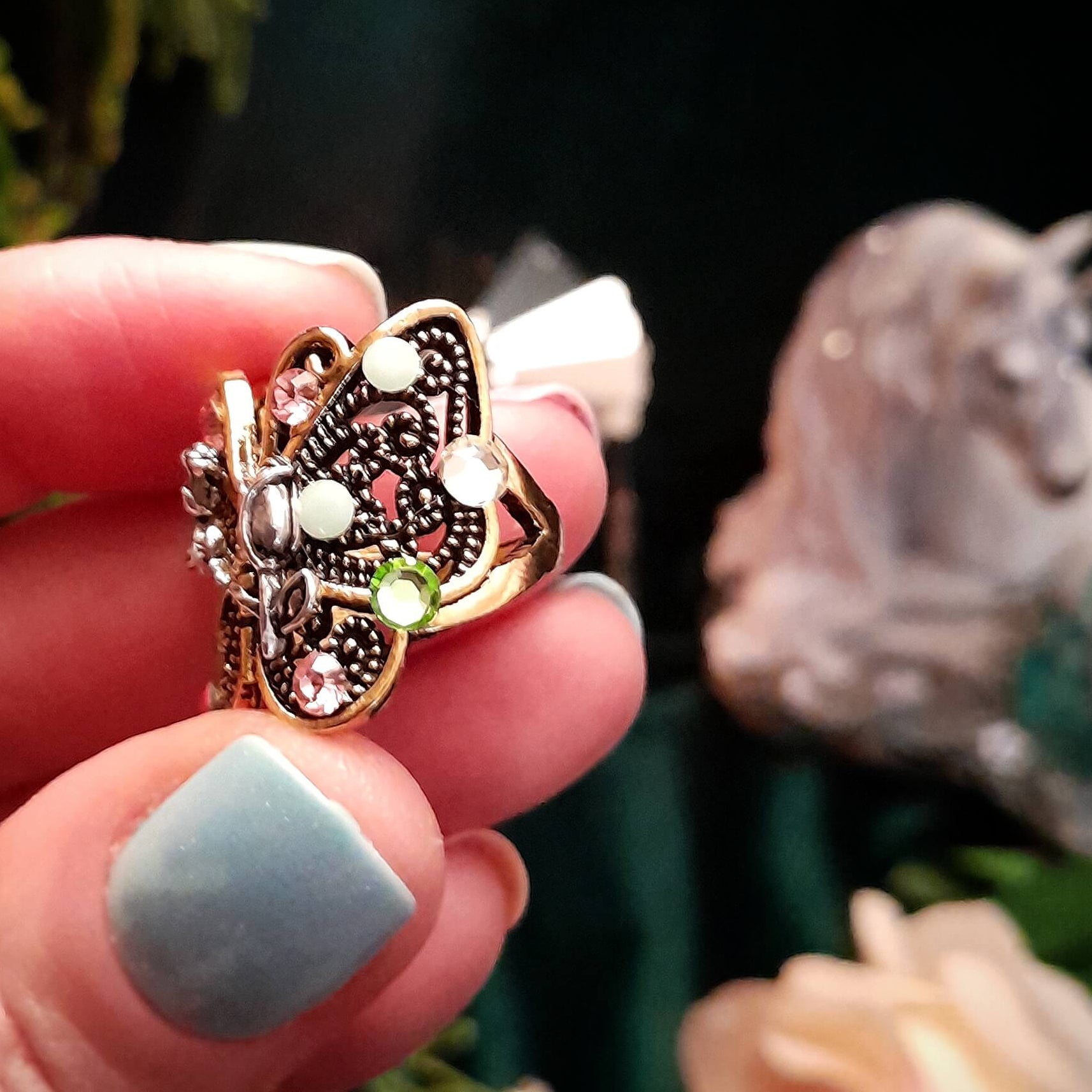 Butterfly Ring Mint Green Crystals Size 6.5