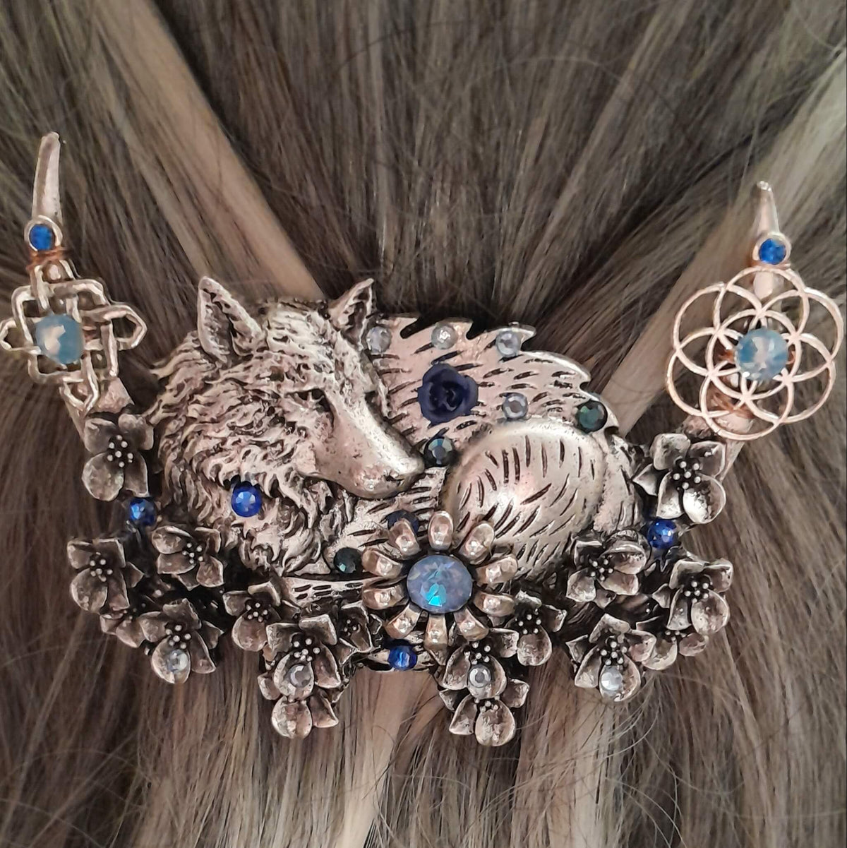 Moon Wolf Blue Crystal Hairclip Barrette