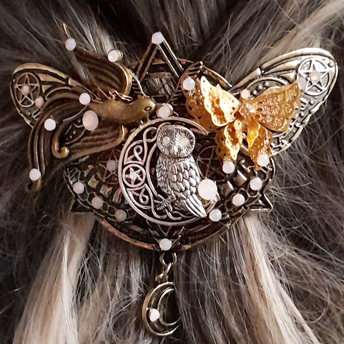 Large Boho Moon Owl Hairclip