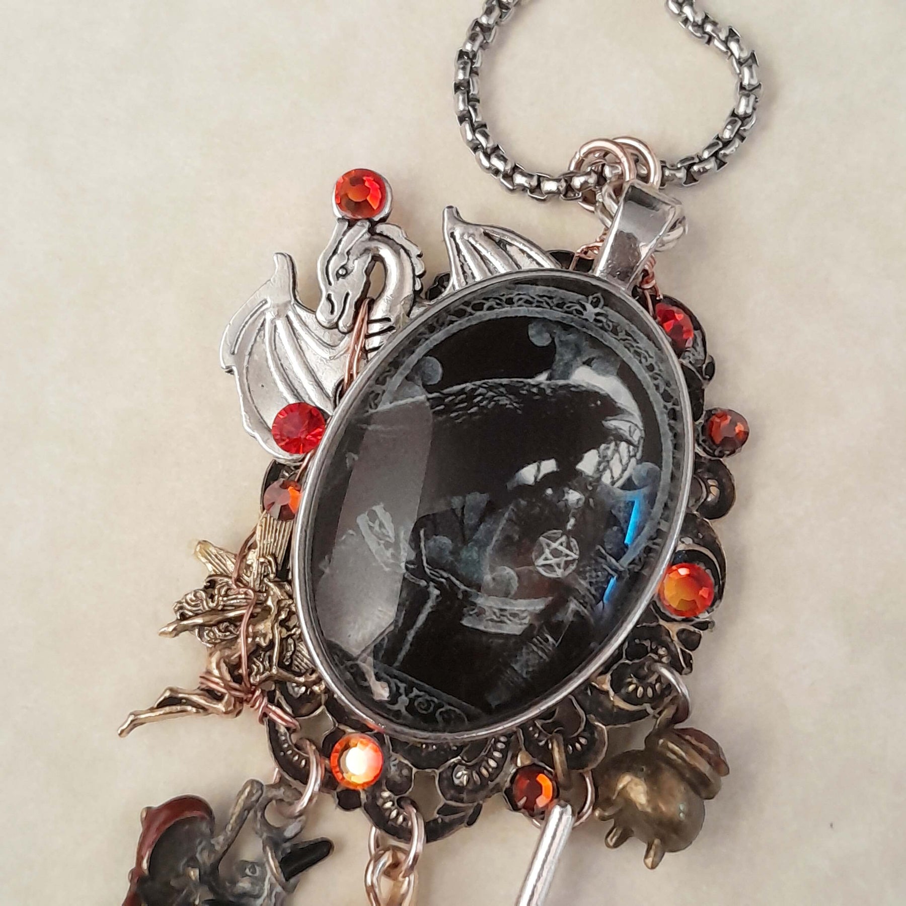 Raven Witchy Dragon Cabochon Necklace