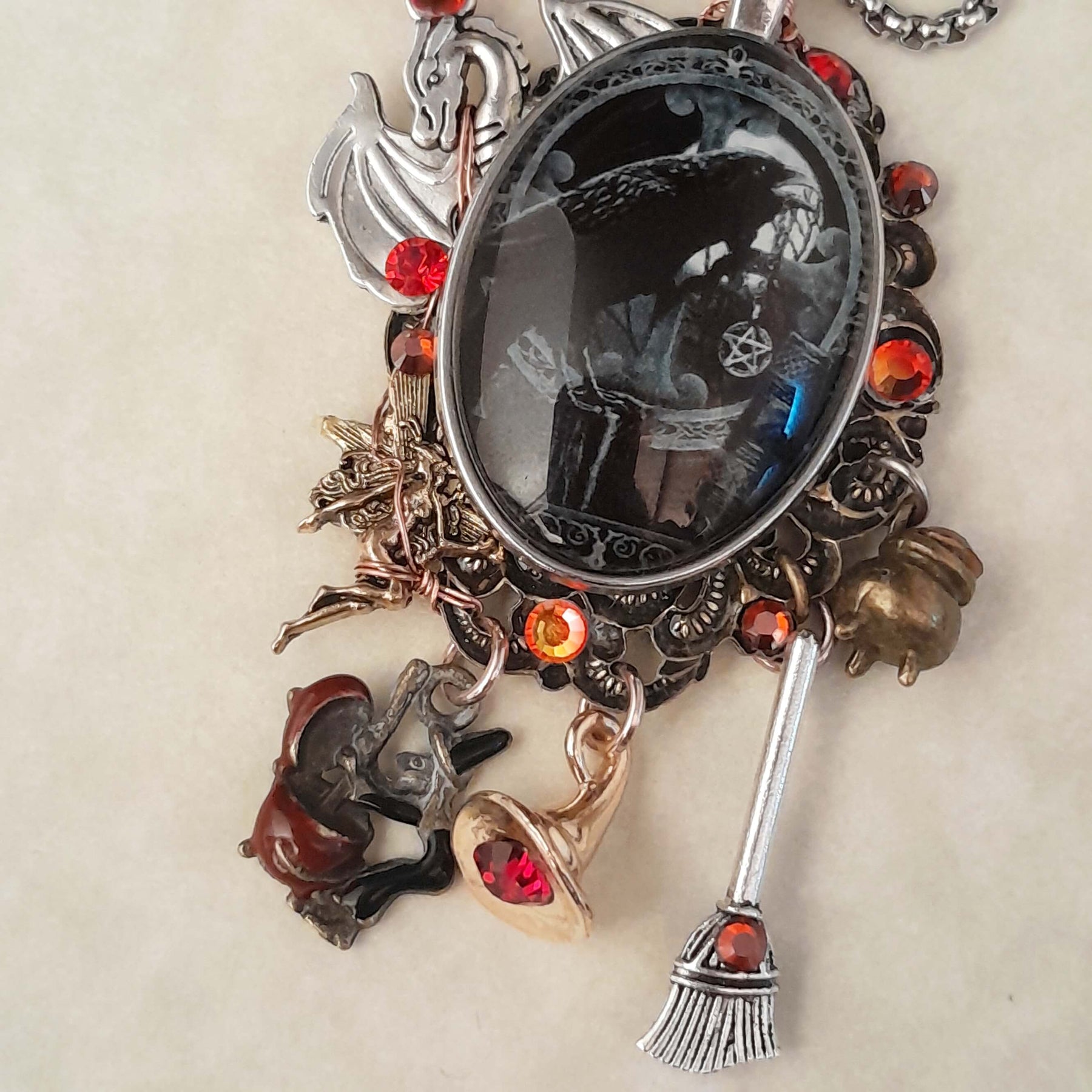 Raven Witchy Dragon Cabochon Necklace