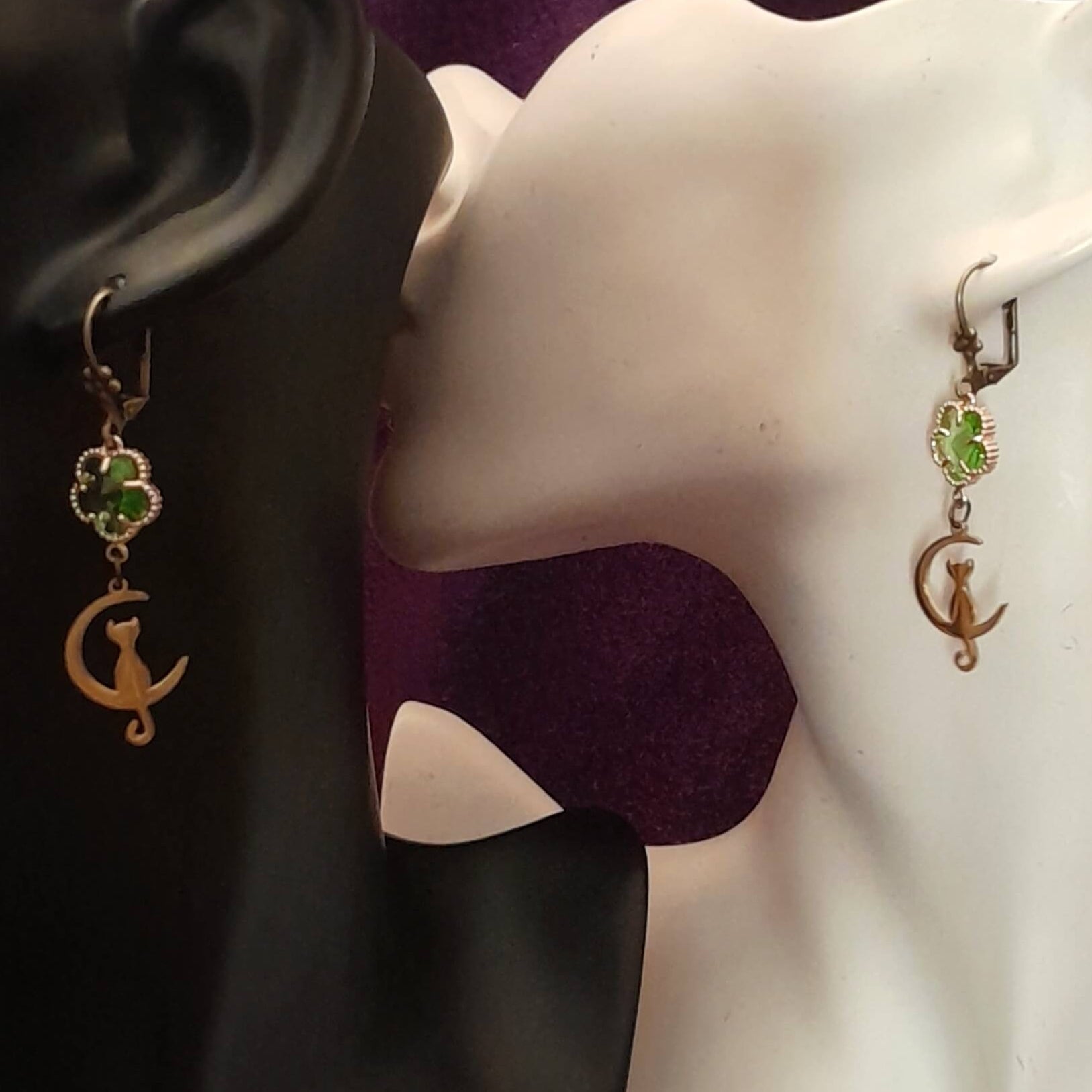 Green Earrings Cat Moon