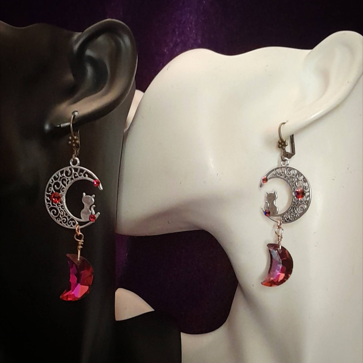 Cat Moon Crystal Dangle Earrings