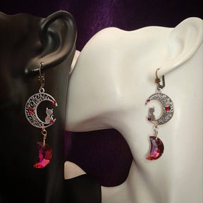 Cat Moon Crystal Dangle Earrings