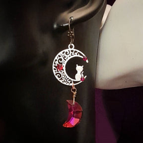 Cat Moon Crystal Dangle Earrings