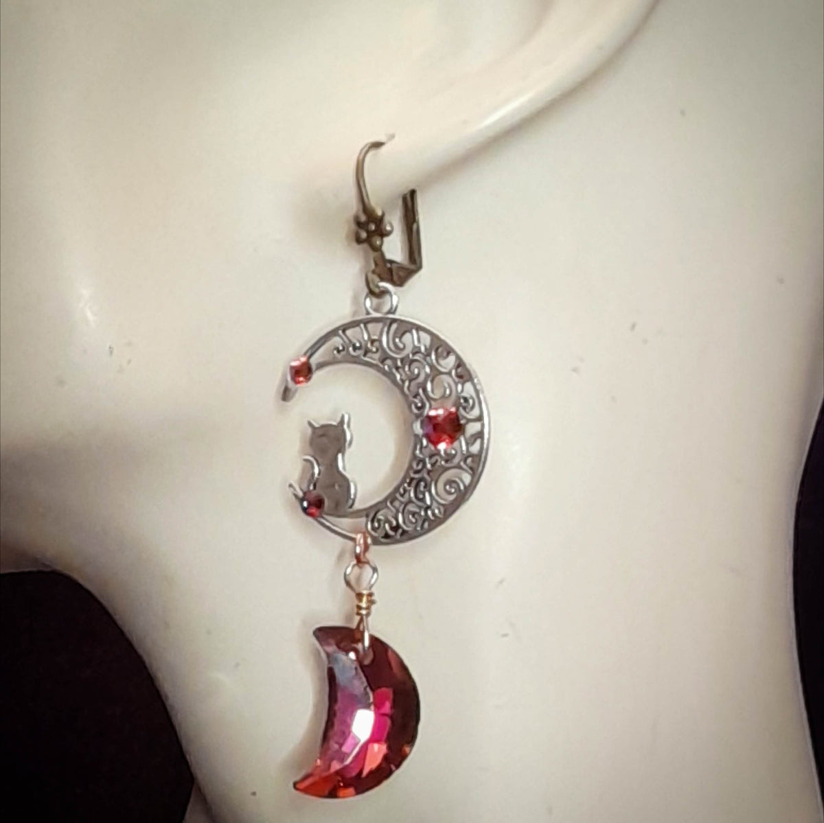 Cat Moon Crystal Dangle Earrings