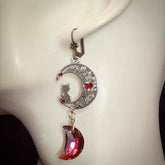 Cat Moon Crystal Dangle Earrings