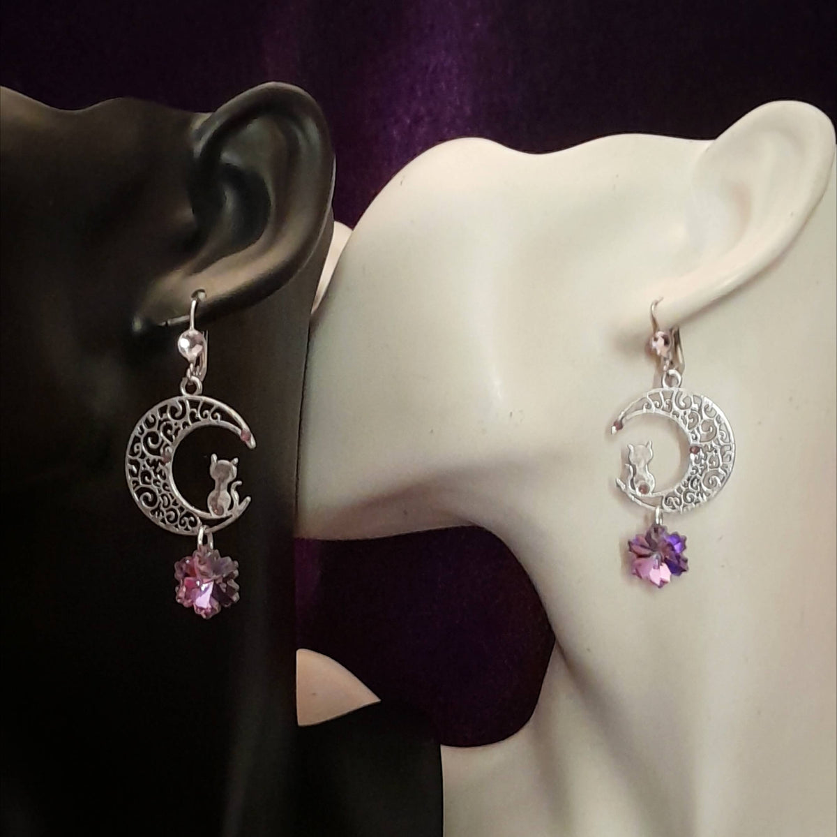 Purple Crystal Cat Moon Earrings