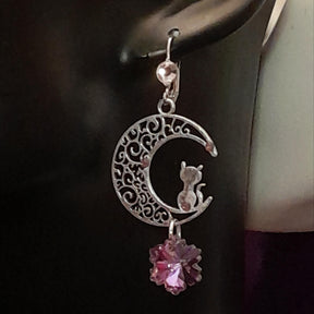 Purple Crystal Cat Moon Earrings