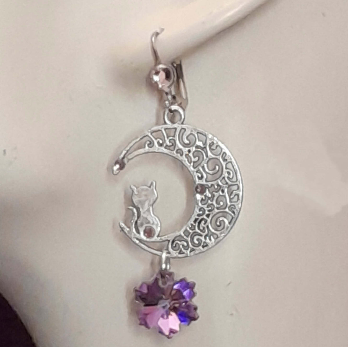 Purple Crystal Cat Moon Earrings