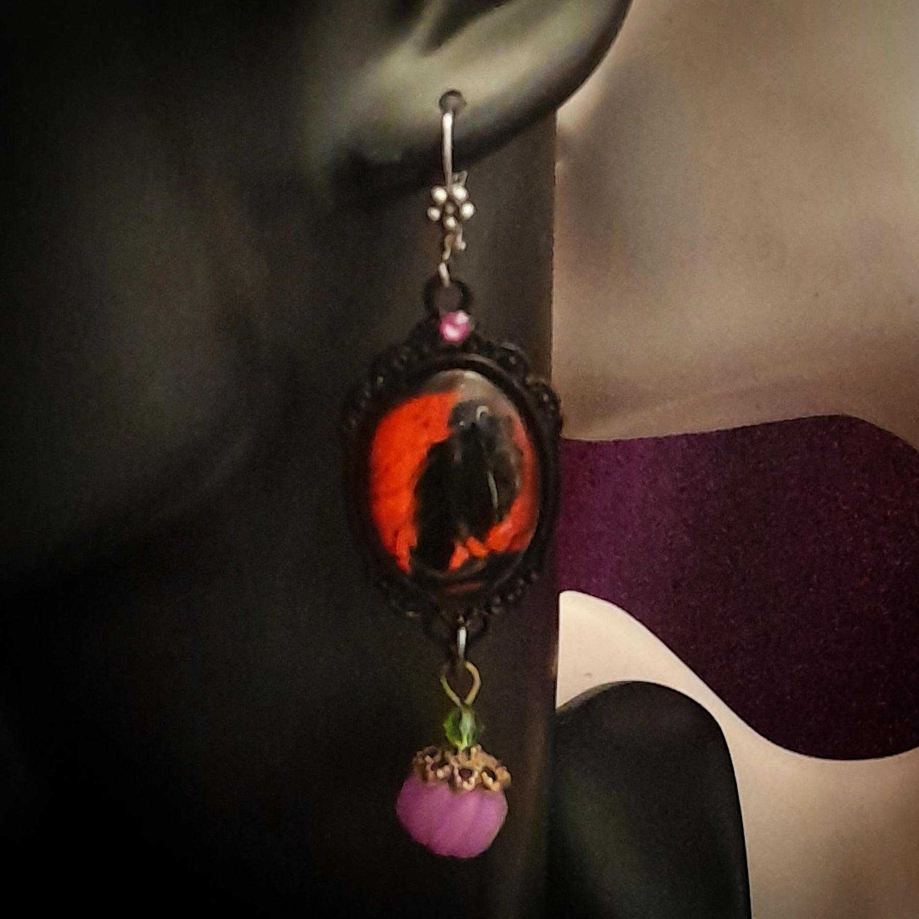 Crow Cabochon Earrings Red & Purple