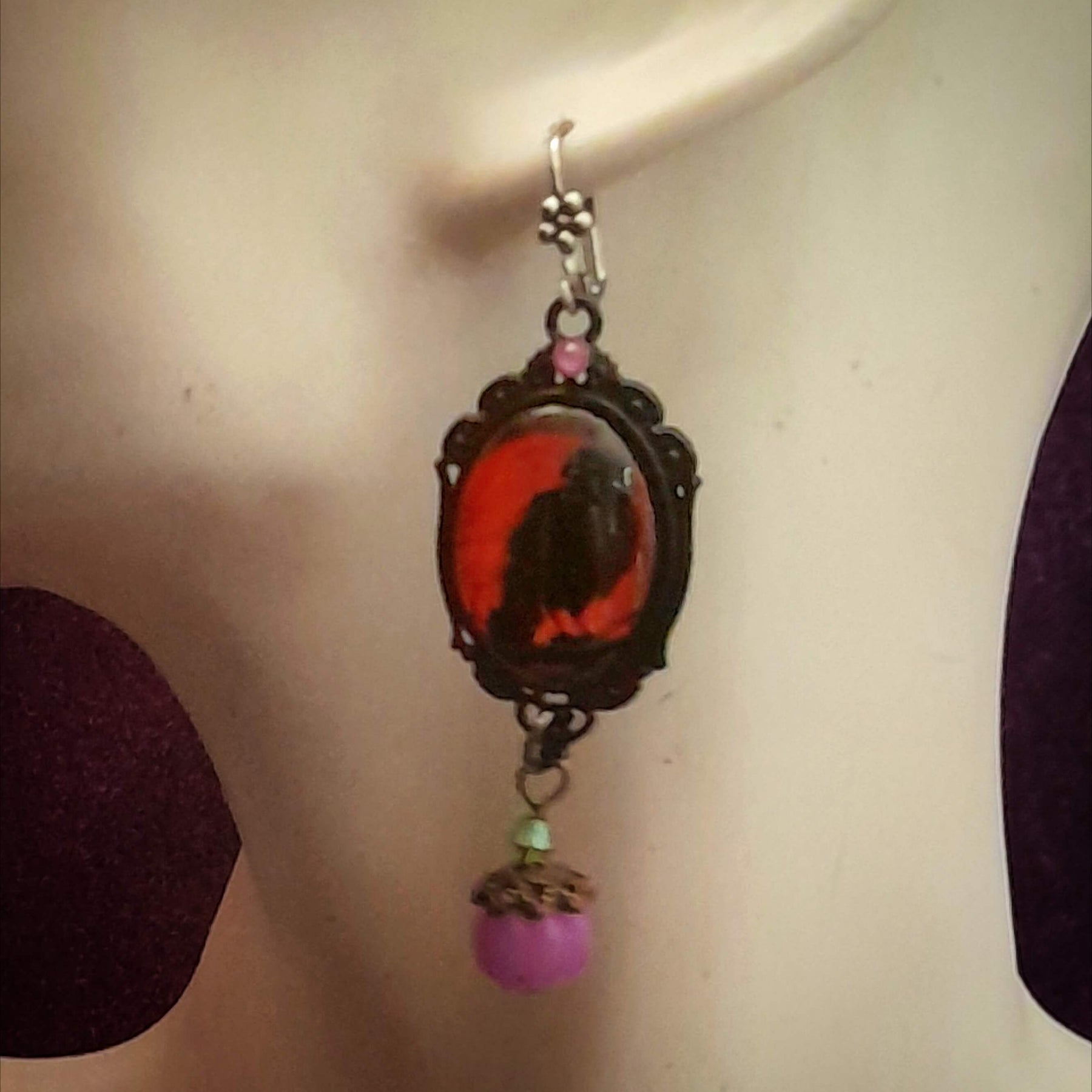 Crow Cabochon Earrings Red & Purple