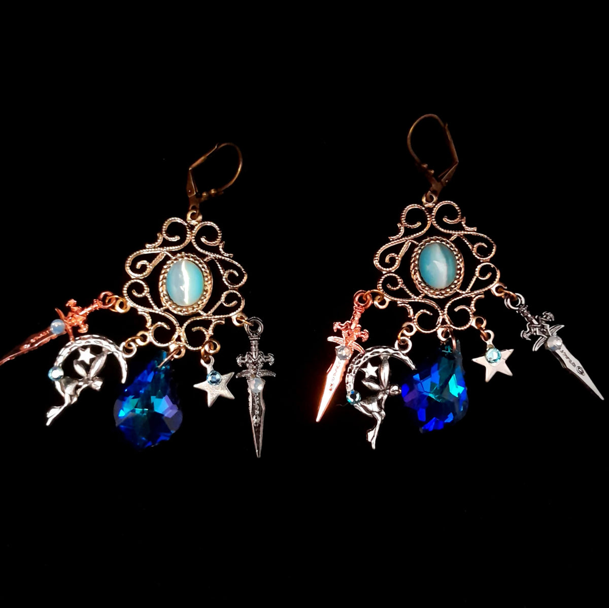 Blue Crystal Dagger Fantasy Earrings
