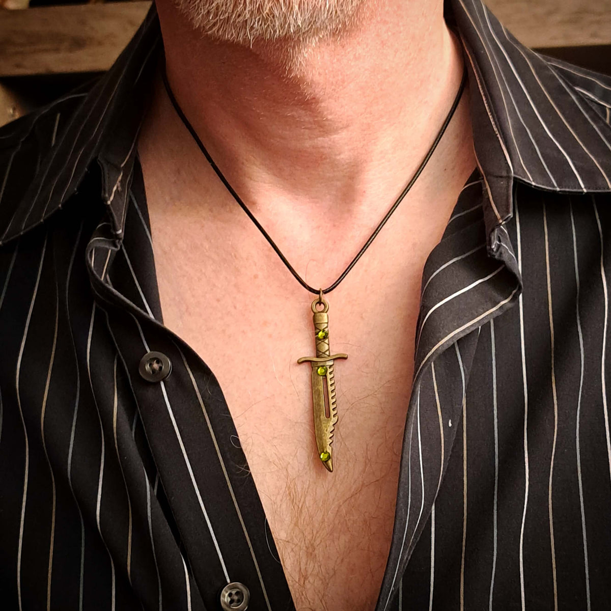 Men's Dagger Green Crystal Necklace