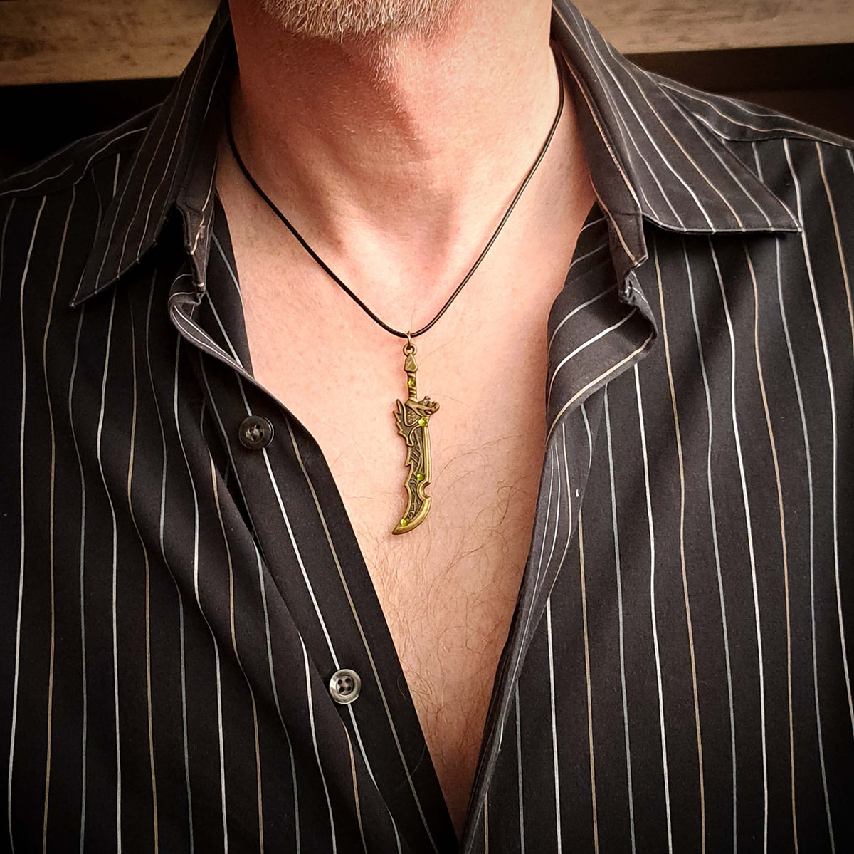 Men's Sword Necklace Green Crystal