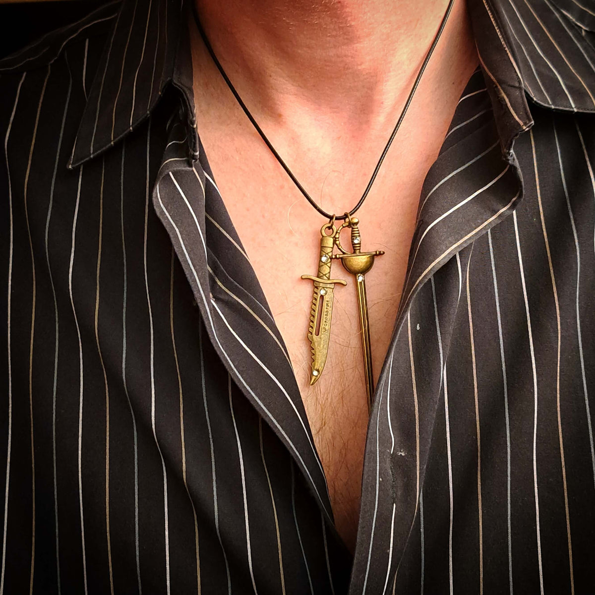 Men's Double Sword Gray Crystal Necklace