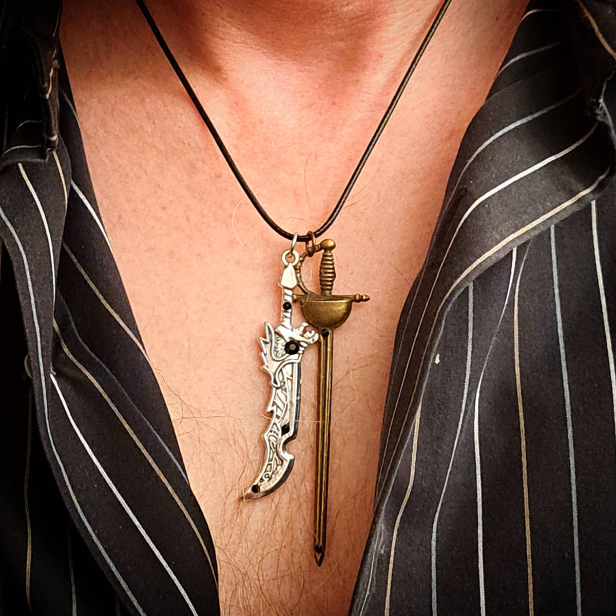 Men's Double Sword Black Crystal Necklace