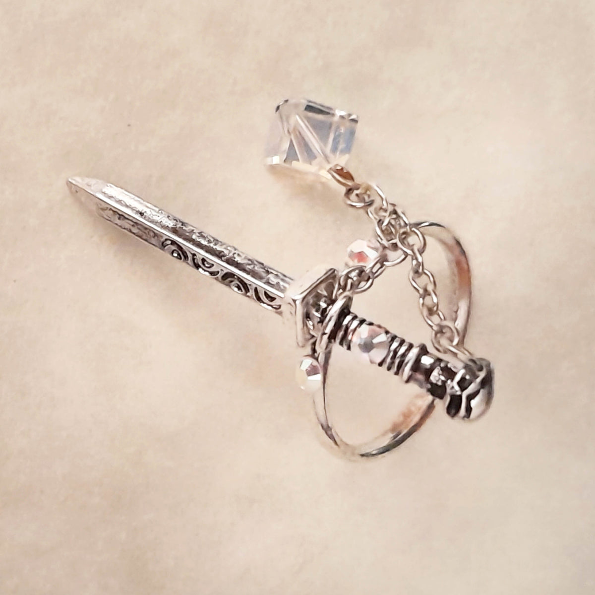 Adjustable Fantasy Sword Ring AB Crystals