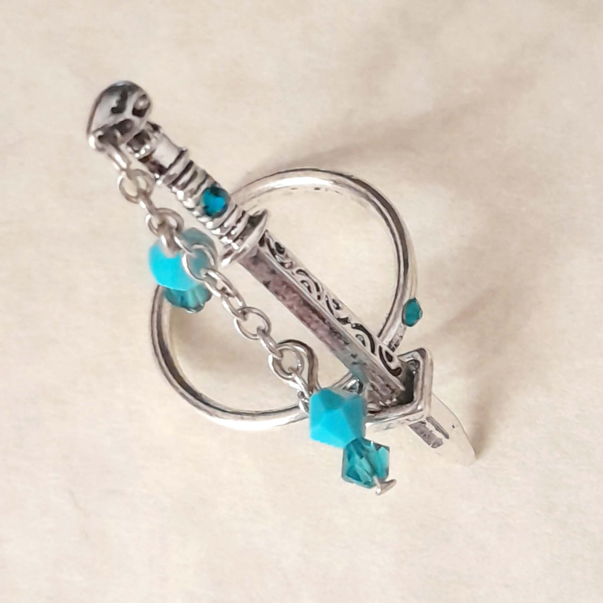 Adjustable Fantasy Sword Ring with Turquoise Crystals