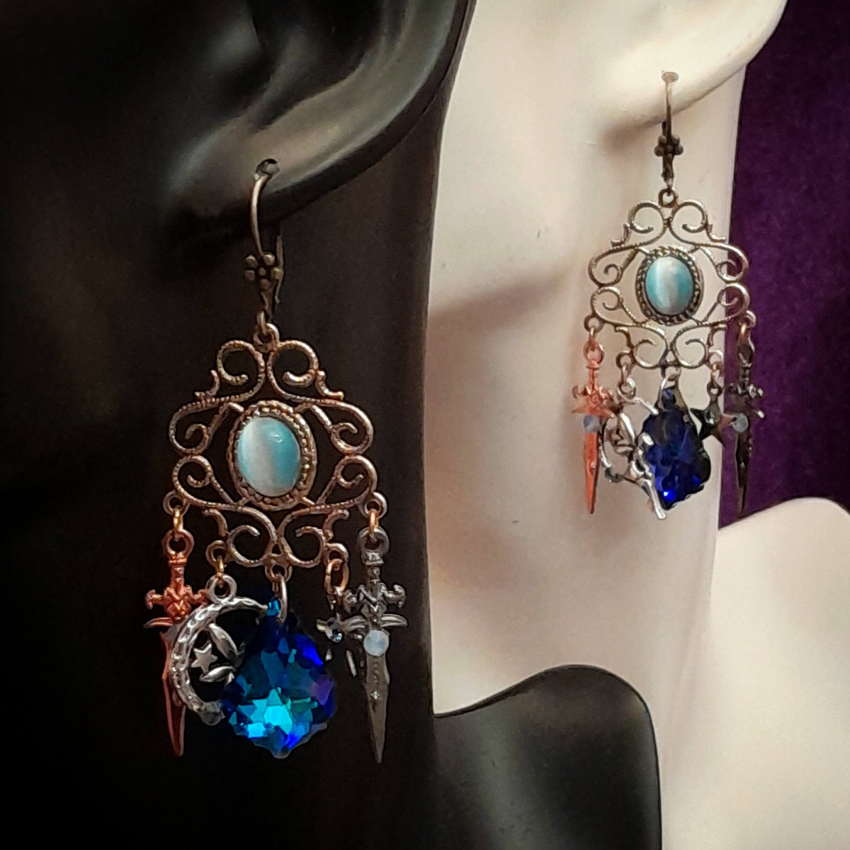 Blue Crystal Dagger Fantasy Earrings