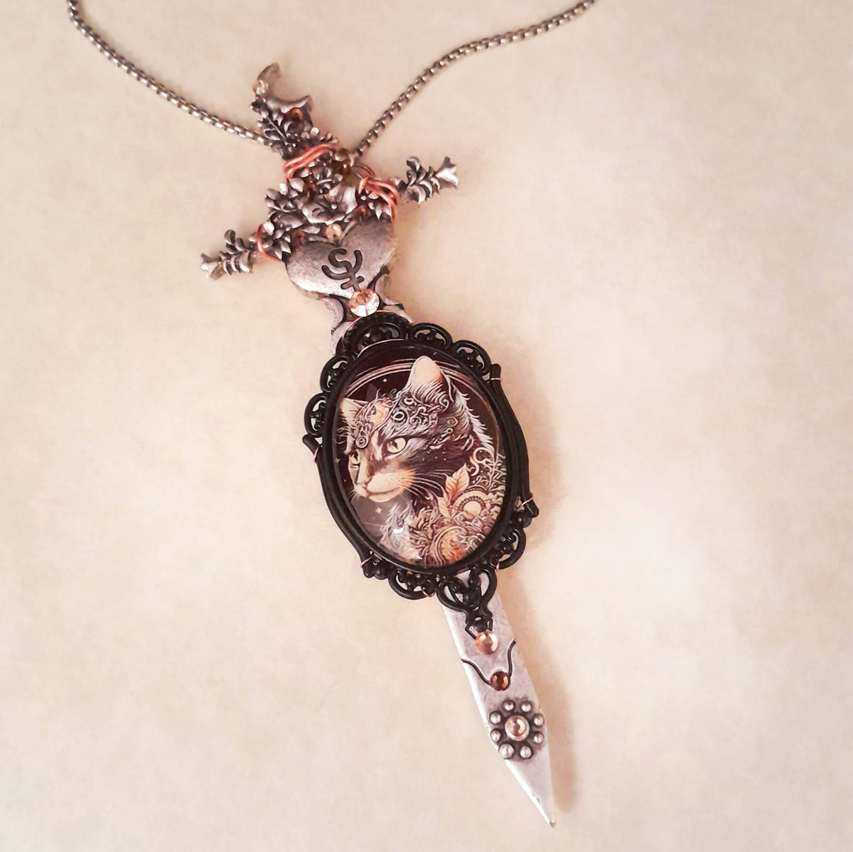 Sword & Cat Cabochon Necklace