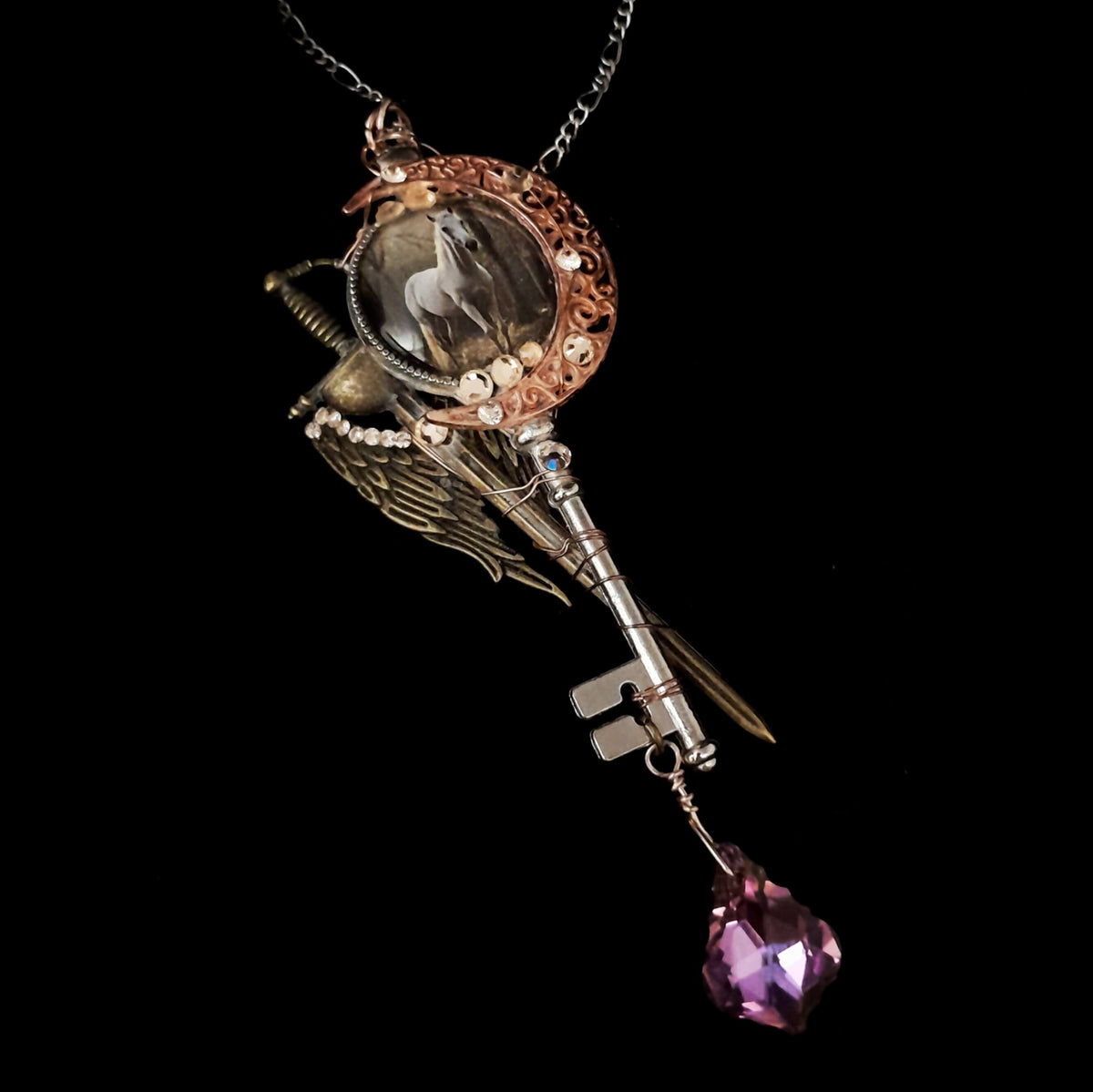 Fantasy Winged Horse & Key Necklace